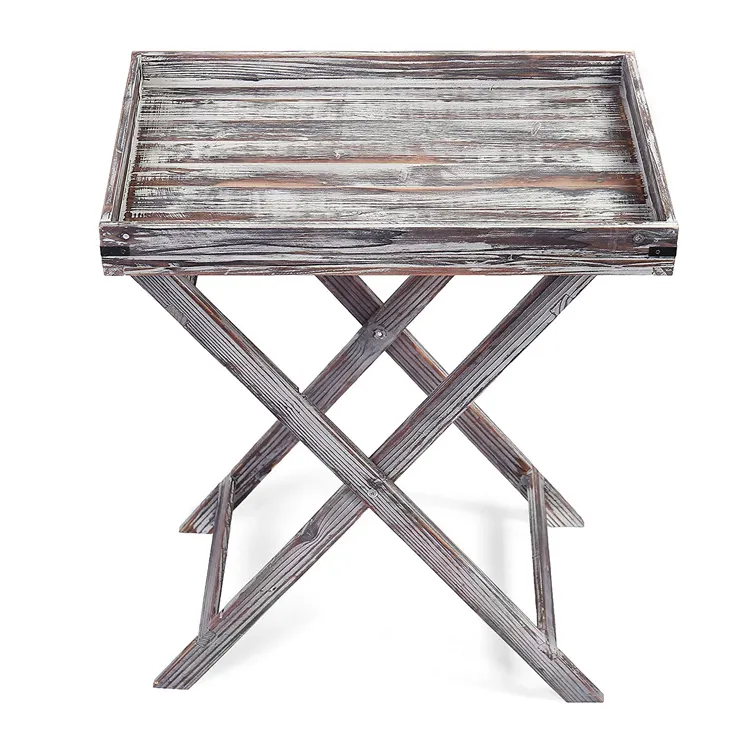 Distressed Torched Wood Butler Serving Tray With Folding Stand