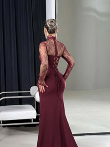 <span class=keywords><strong>Robe</strong></span> de soirée longue marron à manches longues, prête à être expédiée, en dentelle, dos nu, avec traîne, fente latérale, style Dubaï, pour bal de promo et occasions formelles, vente en gros - Product Image 3