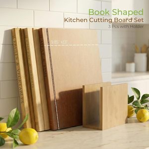 Book <b>Shaped</b> Kitchen Cutting Board Set 3 Pcs With Holder 9.85 X13 Inches Anti Slip Solid Wood Chopping <b>Blocks</b> - Product Image 1