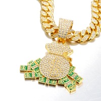 Pendentif Sac à Argent Dollar en Alliage de Luxe, Bijou Hip Hop Entièrement Serti de Cristaux