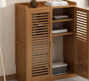 <span class=keywords><strong>Meuble</strong></span> de <span class=keywords><strong>rangement</strong></span> haut de gamme en bambou pour routeur, organisateur de boîtier WiFi, gestion des multiprises avec étagère et portes à persiennes pour la maison et le bureau - Product Image 1