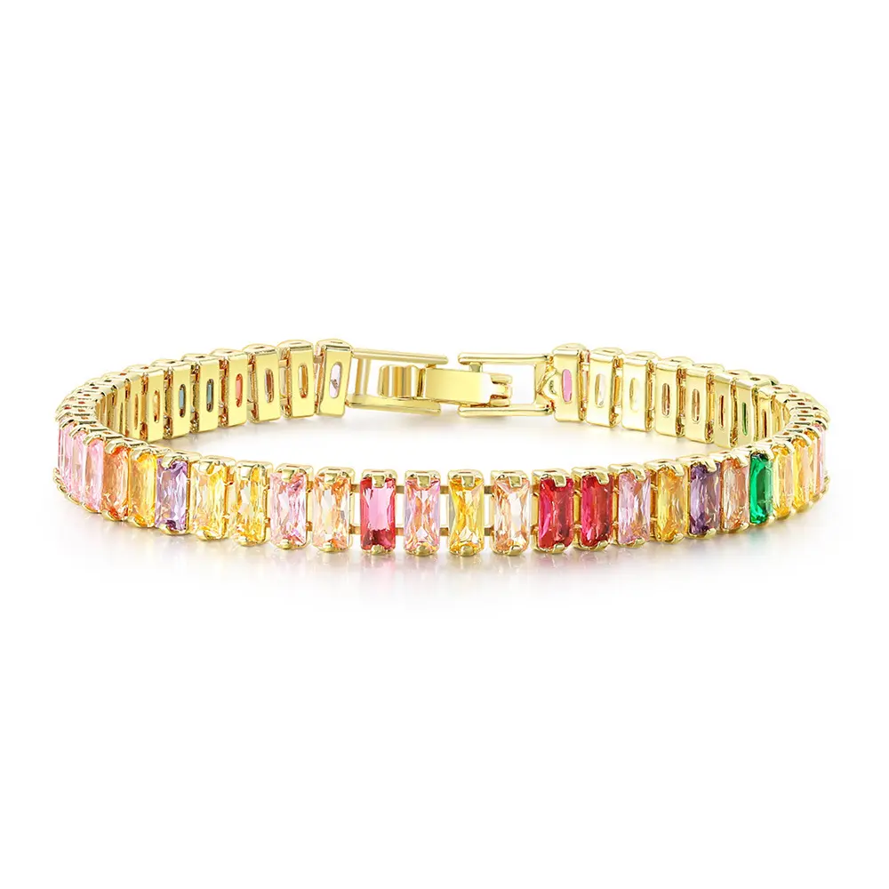 Moda luxo banhado a ouro Boutique Retangular Colorido Cubic Zirconia Pulseira Rainbow Crystal Tennis Chain Pulseira para As Mulheres
