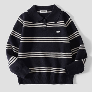 Pull rayé à col polo style preppy pour garçons plus âgés, collection automne-hiver 2026, nouveau style, manteau mi-cardigan en tricot épais pour enfants - Product Image 6