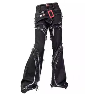 OEM Hochwertige Fashion Damen Jeans mit getäfelter Kleidung Hip Hop Street Ripped Hole Wash abnehmbare Jeans im Gürtel design