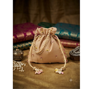 Handcrafted Silk Beige Saddle Potli <b>Bag</b> Purse <b>Sequin</b> Pearl Glass Bead Embroidery Classic Traditional Indian Lightweight Shoulder - Product Image 4