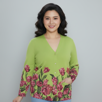 2026 Tulpenblumen-Druck Damen Freizeit-Cardigan V-Ausschnitt Langarm Atmungsaktiver Strick-Cardigan mit Taschen und Knöpfen Klassischer Mantel