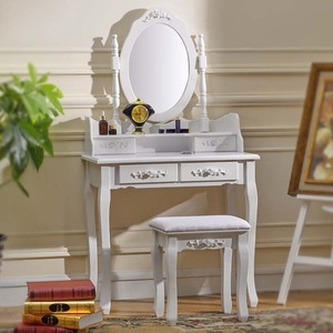 Modernes Schminktisch-Set im Französischen Stil in Weiß mit Dreifach-Spiegel und Hocker für die Wohnung, aus Holzwerkstoffplatte - Product Image 3