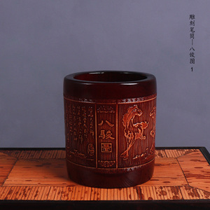 Bamboo Pen Holder Carved Lanting Preface Eight Horses Round Chinese Style Craft Artwork For Calligraphy Writing - Product Image 3