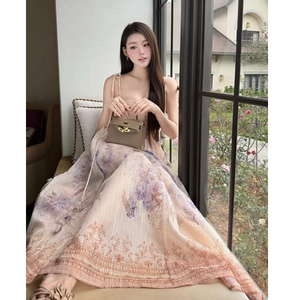 Robe longue florale féminine Fairycore 2026 en gros, bretelles spaghetti, mousseline aquarelle, tenue de vacances et de resort personnalisée - Product Image 1