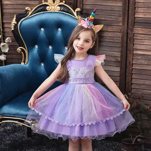Новинка 2023, детская одежда, бутиковое платье для маленьких девочек, летнее праздничное платье с единорогом, платья принцессы для девочек с лентой для волос