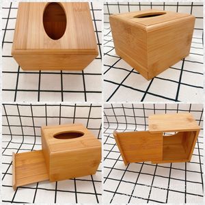 Bamboo Tissue <b>Box</b> Square Flip-top Drawer Storage Office Home Desktop Organizer - Product Image 1