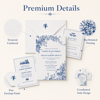 Suite d'invitations de mariage personnalisées en carton bleu floral avec enveloppe assortie laminée film UV, carte de date et carte RSVP imprimées