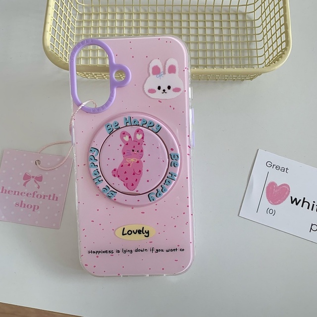 Cute Pink Rabbit Magnetic Stand Phone Case for iPhone 12 13 14 15 16 Pro Max Wireless Charging Bracket Shockproof Hard Cover