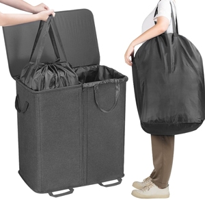 Doppio cesto per <span class=keywords><strong>biancheria</strong></span> con coperchio e sacca per <span class=keywords><strong>biancheria</strong></span> rimovibile grande pieghevole 2 divisori cesto per vestiti sporchi per camera da letto - Product Image 6