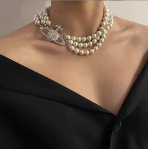 Multilayer Vintage Imitation Pearl bead chain Choker Necklace for Women Trendy Rhinestone earring set Accessories