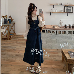 Gonna in denim con bretelle stile coreano da college, da <span class=keywords><strong>donna</strong></span>, per l'inizio dell'autunno, nuovo modello di tendenza di quest'anno, vestito testurizzato - Product Image 1