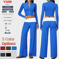 Veste courte zippée à manches longues pour femmes, pantalon évasé à taille pliante contrastée, ensemble deux pièces pour yoga et entraînement, 5 couleurs