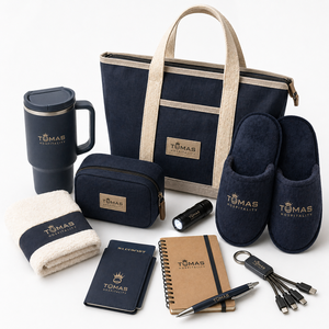 Custom Welcome Gift Set For Hotel Guests With Tote Bag Slippers Mug Notebook Power Bank And Passport Holder - Product Image 1