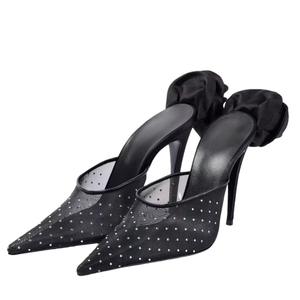 Sandalias de tacón de aguja con punta fina y diseño floral trasero para mujer, talla grande 45, con diamantes, de malla, ajuste ancho, tipo mule y deslizables - Product Image 2