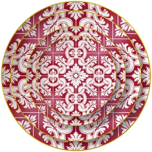 Wholesale chinese wedding dinnerware red and white plates luxury bone china dinner set modern printed ceramic plates