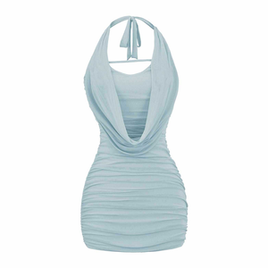Robe Courte Sexy Halter Dos Nu Froncée Drapée Moulante Crayon Unie Coupe Slim pour Soirée Club Femme - Product Image 3
