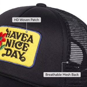 Casquette Trucker Rétro 5 Panneaux en Mousse et Maille avec Patch Floral Tissé 'Have a Nice Day' pour Streetwear 2026, Logo Personnalisé OEM ODM, Faible MOQ, Échantillonnage Rapide - Product Image 2