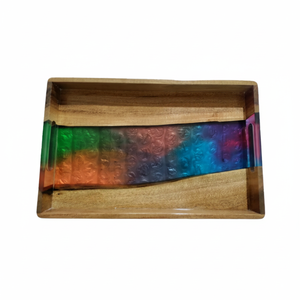 Plateau en bois et résine pour la cuisine, le petit-déjeuner, plateau de service en bois, plateau en résine avec poignée en acier inoxydable, best-seller - Product Image 1