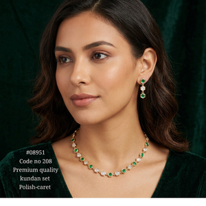 Ensemble de collier et boucles d'oreilles en or plaqué émeraude Kundan, forme hexagonale, bijoux en cuivre - Product Image 2