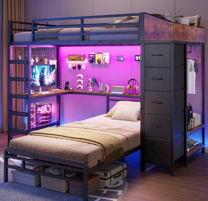 <span class=keywords><strong>Lit</strong></span> <span class=keywords><strong>superposé</strong></span> double en bois industriel SereneLounge <span class=keywords><strong>avec</strong></span> armoire de rangement en forme de L, <span class=keywords><strong>bureau</strong></span> de jeu réglable pour petit espace d'appartement - Product Image 1