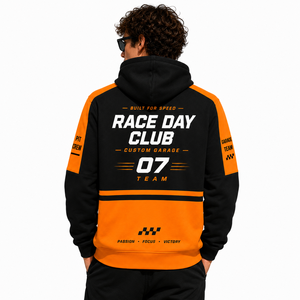 Sweat à capuche graphique personnalisé OEM pour équipe de garage, bicolore orange et noir, pour fan de course automobile, à manches longues - Product Image 3