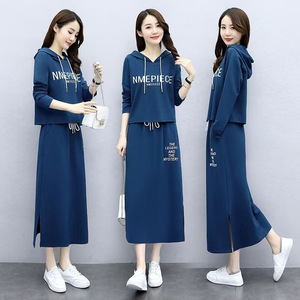 NMEPIECE Women's Two Piece Set Hooded Long Sleeve Knitted Dress Casual Sportswear Breathable Printed Outfit Black Coffee Blue - Product Image 2