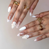 Offre Spéciale : Faux Ongles en Acrylique à Presser, Effet Œil de Chat, French Polka Dot, Fleurs Blanches 3D Transparentes, Forme Amande, Longueur Moyenne, Personnalisables
