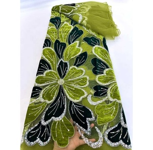 Tela de Encaje de <span class=keywords><strong>Terciopelo</strong></span> Francés Bordada con Flores de Alta Calidad, Lentejuelas y Cuentas, Ecológica, 5 Yardas, para Vestidos de Novia y Fiestas Africanas - Product Image 6