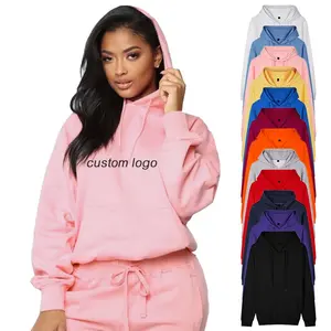 Women Cotton knitted Pink Hoodies Custom Printed Pullover Autumn Oversize Crew Neck Women Sweatshirt Hoodies