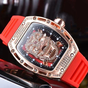Reloj Automático de Alta Calidad Estilo RM 052 con Calavera Adornada con Diamantes en Oro Rosa y Correa de Goma Naranja - Product Image 3