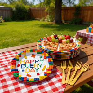 616363 Ensemble de 96 pièces sur le thème des blocs de construction - Kit de vaisselle coloré pour <span class=keywords><strong>anniversaire</strong></span> - Product Image 3