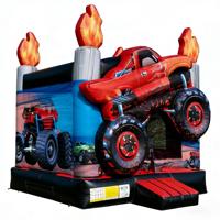 Château gonflable sur le thème des Monster Truck, flammes 3D, rouge/noir, en PVC de qualité commerciale, pour les fêtes d'anniversaire des enfants