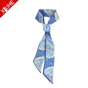 120*6cm Women Diagonal scarf Custom Sky Blue Polyester Scarves Digital Printed 100% Silk Scarf
