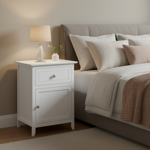 Mesita de noche blanca de madera con cajón y gabinete para almacenamiento en el dormitorio, diseño contemporáneo - Product Image 2