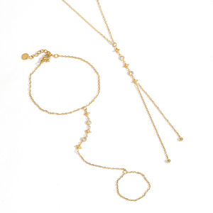 Stainless Steel Star Necklace <b>Bracelet</b> <b>Set</b> Gold Plated Sweater Chain With Rhinestones Geometric Design For Women - Product Image 4