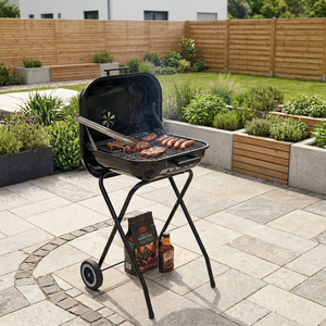 BestBQ Barbecue a Carbone in Acciaio 49x47xh.83cm con Coperchio e Ruote, Nero, con Prese d'Aria Regolabili per Campeggio, Griglia a Forma di Barile - Product Image 3