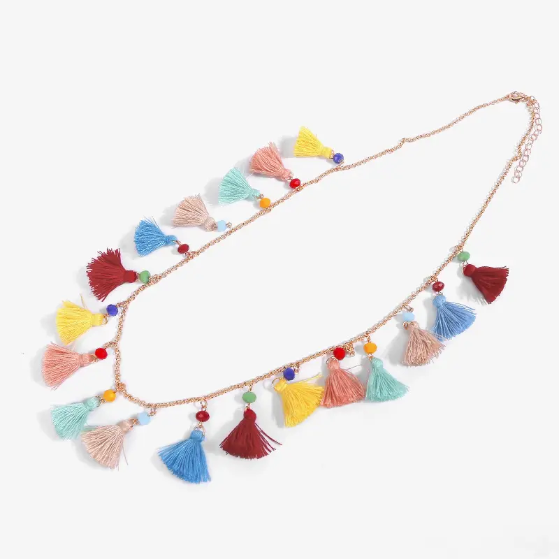 Collana lunga con perline di vetro di cristallo gemma collana con catena di ciondoli con nappe multicolori collana con frange di perline bohémien