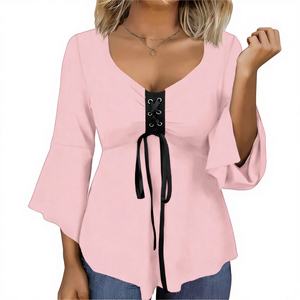 Offre Spéciale : Blouse Élégante et Écologique pour Femme, Col en V, Dentelle sur le Devant, Manches Évasées, Ourlet Asymétrique, Coupe Ample pour le Week-end - Product Image 1