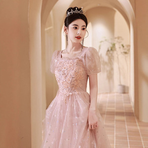 Pink Ball Gown Evening Dress Square Collar Empire Waist 3D Embellished For Weddings Banquets Birthday Parties - Product Image 3