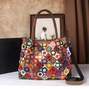 Sacs à main pour femmes à la mode Saison actuelle Polyvalent Couleur florale Patchwork Cuir de vachette de première qualité Fermeture à glissière Sacs fourre-tout décontractés - Product Image 5