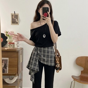 Korean Style Off Shoulder Two Piece Set Black Short Sleeve Plaid Splicing Summer Casual Women's Loose Fit Suit FQ 610 - Product Image 5