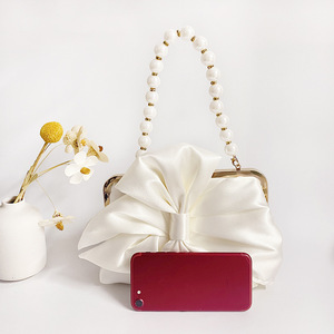 Elegant Women's Satin <b>Clutch</b> with Pearl Chain Strap and Frame Design Clip Closure for Evening & <b>Wedding</b> Parties - Product Image 2