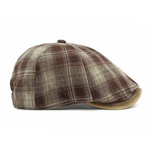 Nouvelle casquette gavroche à carreaux printemps-automne-hiver, chapeau de peintre rétro littéraire, béret en coton à bord en cuir PU pour femmes et hommes - Product Image 3