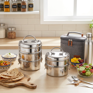 3-Tier Stainless Steel <b>Lunch</b> Tiffin <b>Box</b> with Carry Handle and Wire Clip Flip Top Food Storage Cover - Product Image 3