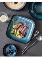 Vente en gros de vaisselle en porcelaine bleue fine de luxe moderne, style nordique européen, assiettes et plats, vaisselle de table pour la maison